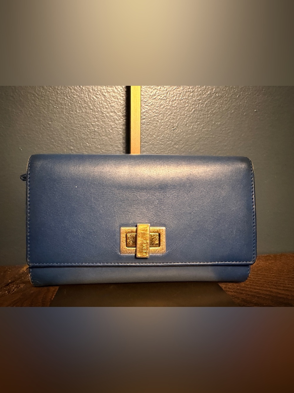 Fendi Peekaboo Blue Leather Wallet with Gold Turn-Lock